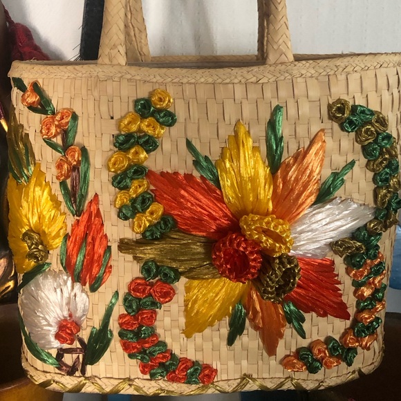 Stunning Vintage 60’s Wicker Seagrass Woven Embroidery Handbag Tote - Picture 2 of 9